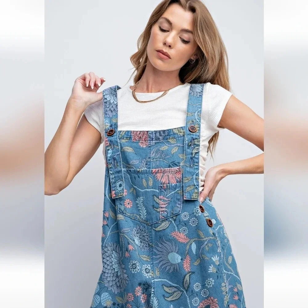 New! Easel Vintage Blue Washed Denim Floral Overall Jumpsuit M - Picture 2 of 5